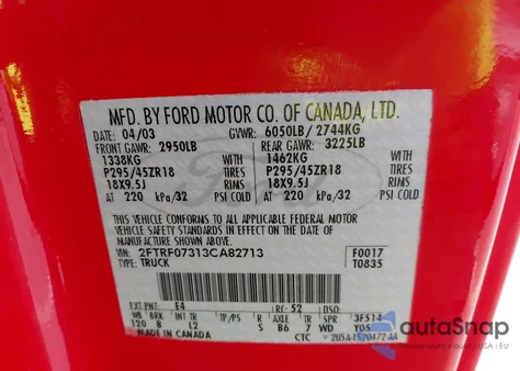 2003 Ford F-150 Lightning z USA, uszkodzony, nr VIN 2FTRF07313CA82713